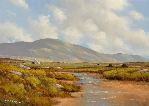 COTTAGES AND TURF STACKS, URRIS HILLS, COUNTY DONEGAL by Gerry Marjoram, oil on canvas, sold Mar 2022