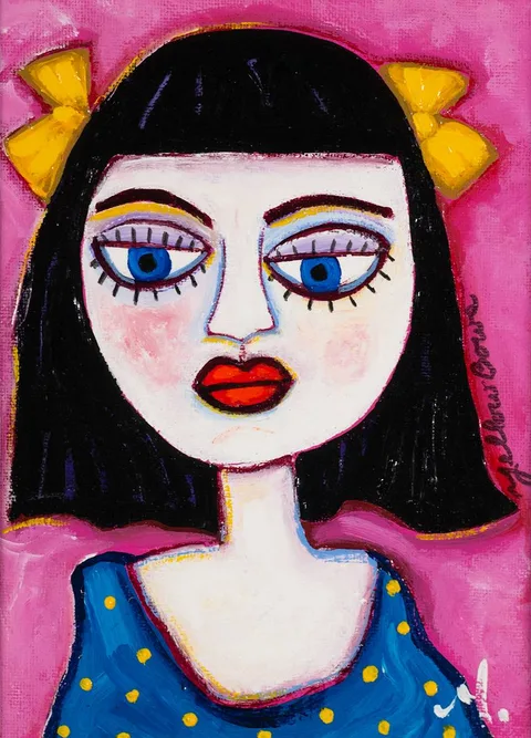 YELLOW BOWS by Annie Robinson, acrylic on canvas, offered Mar 2022