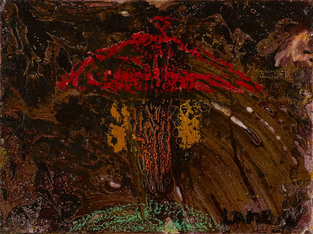 RED ON GREEN by Matt Lamb, oil on canvas, sold Mar 2022