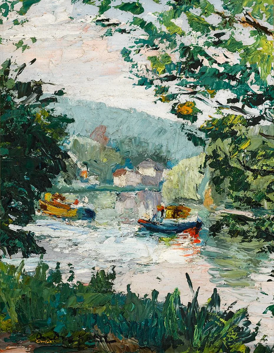 André Petit, BOATS ON THE SEINE, oil on board