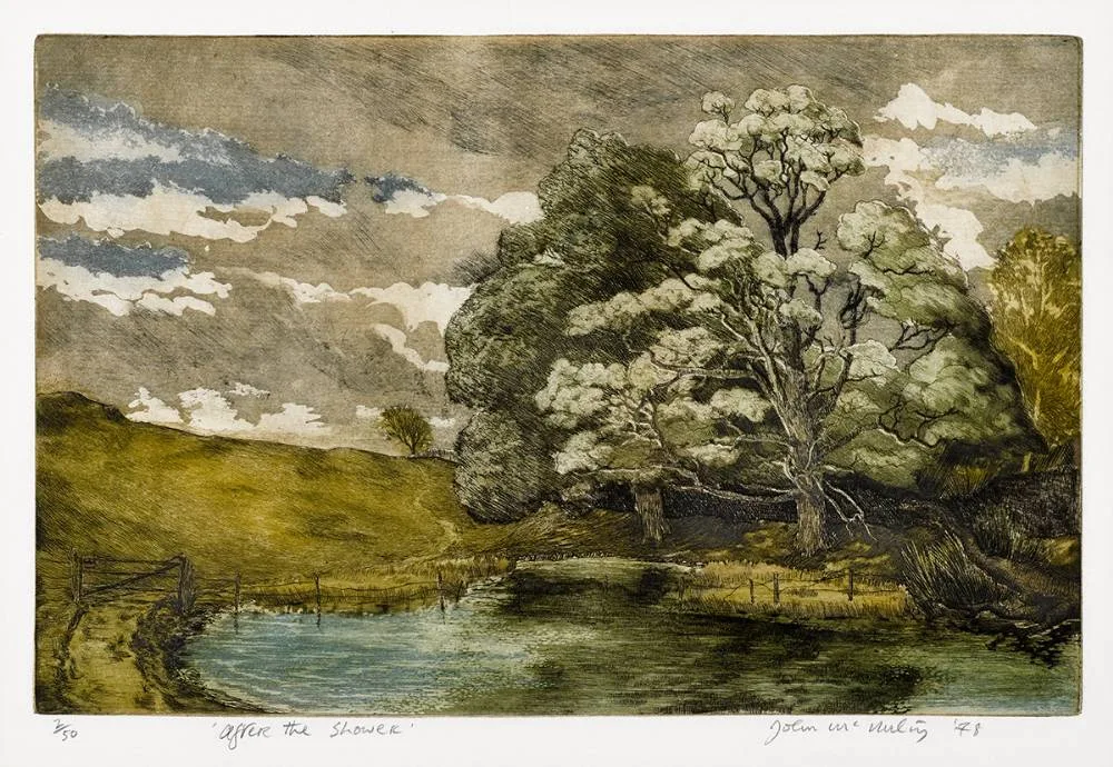 John McNulty, AFTER THE SHOWER, 1978, etching in colours; (no. 2 from an edition of 50)