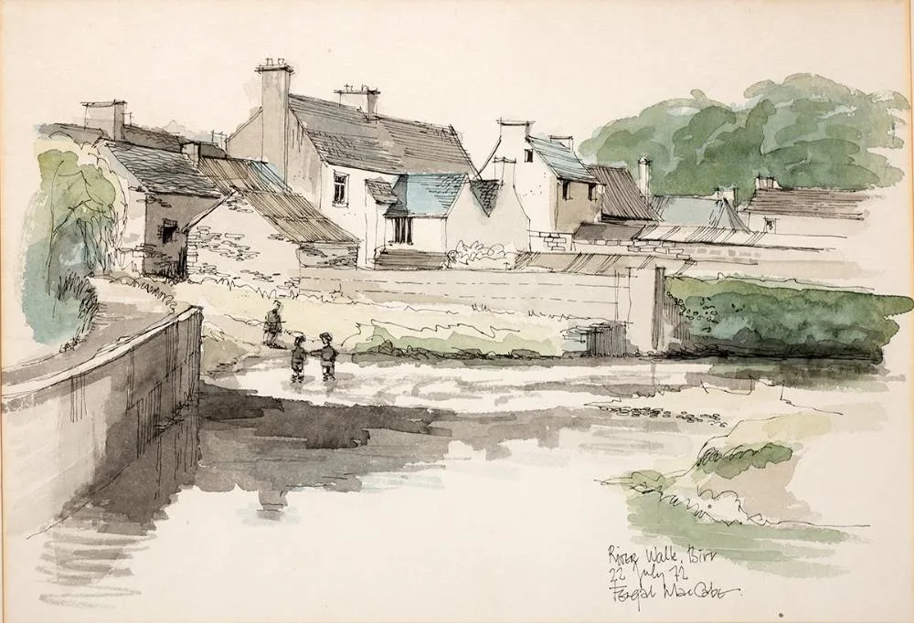 Fergal MacCabe, RIVER WALK, BIRR, COUNTY OFFALY, 1972, ink and watercolour