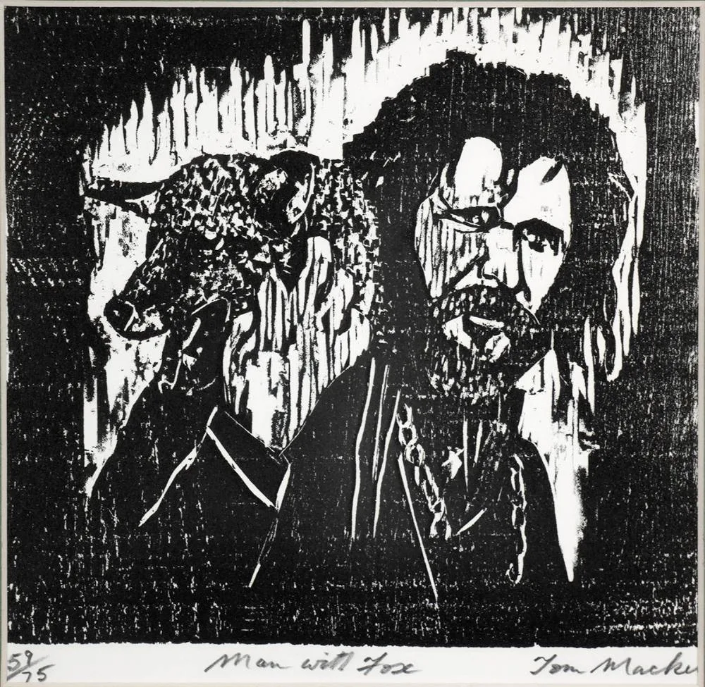Tom Macken, MAN WITH FOX, woodcut; (no. 59 from an edition of 75)