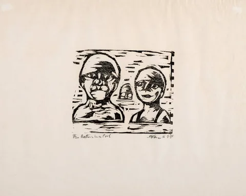 Michael Kane, BATHERS IN A POOL, 1991, monochrome woodcut; (no. 9 from an edition of 20)