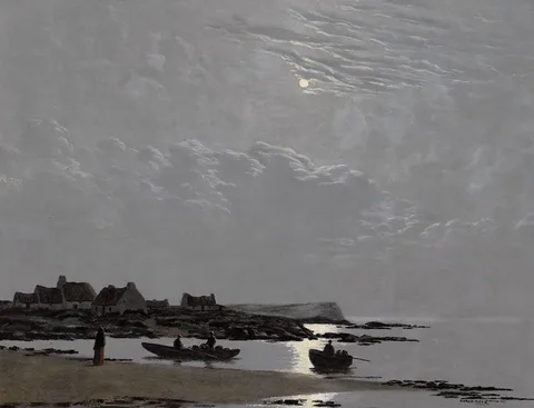 RETURN OF THE FISHERMEN by Ciaran Clear, oil on board, sold Mar 2022