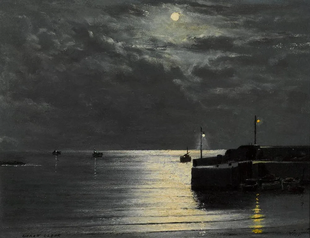 MOONLIGHT AT RUSH HARBOUR, OCTOBER by Ciaran Clear, oil on board, sold Mar 2022