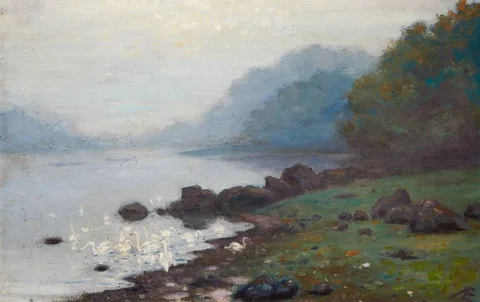 SWANS AT COOLE by George Russell, oil on canvas, sold Mar 2022