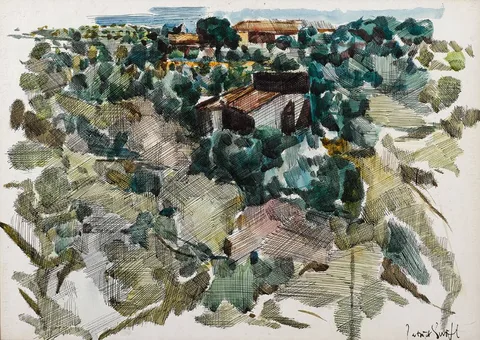 Patrick Swift, FRENCH LANDSCAPE, watercolour with pen and ink