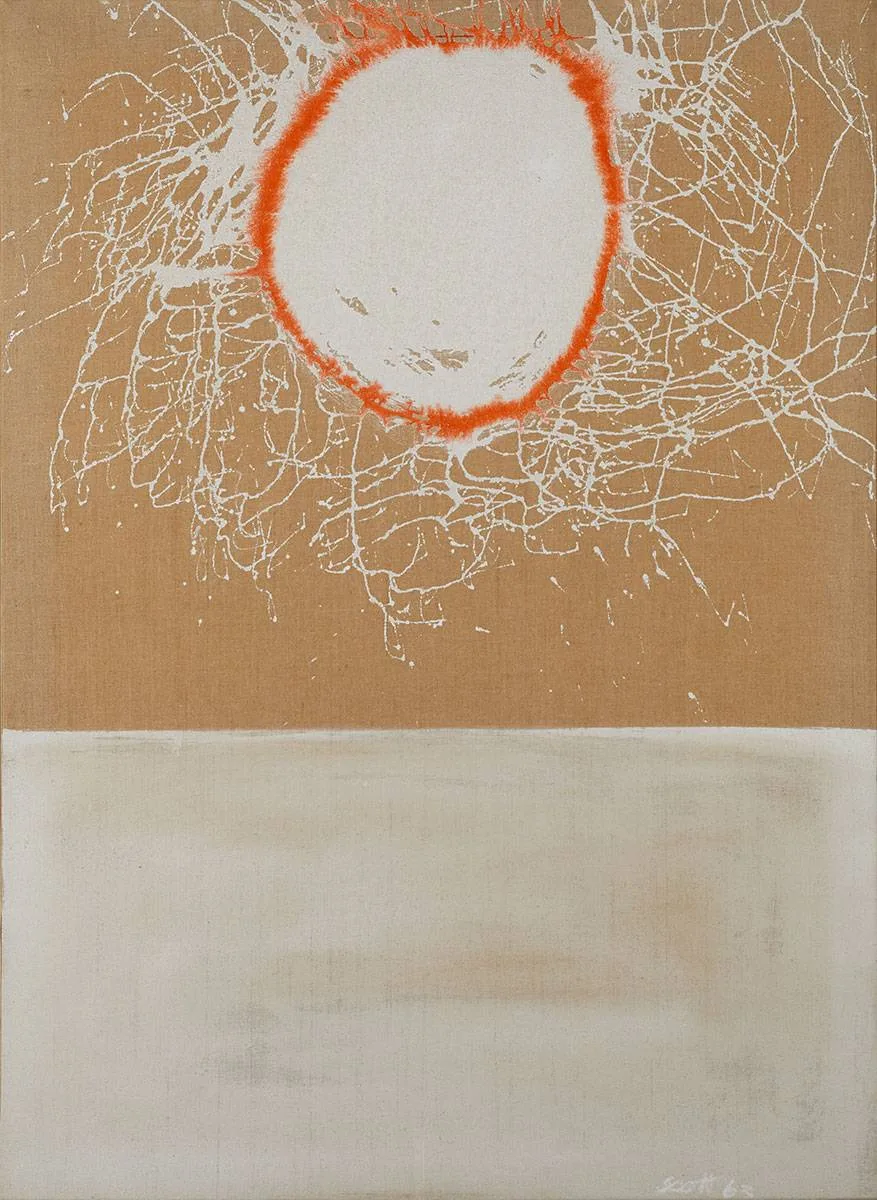 WHITE AND ORANGE DEVICE by Patrick Scott, 1963, oil on linen, sold Mar 2022