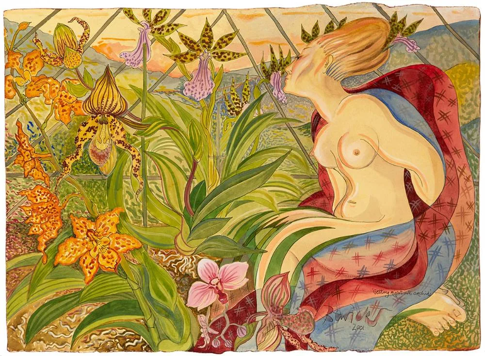 GETTING (RIGHT) INTO ORCHIDS by Pauline Bewick, 2001, acrylic on paper laid on board, sold Mar 2022