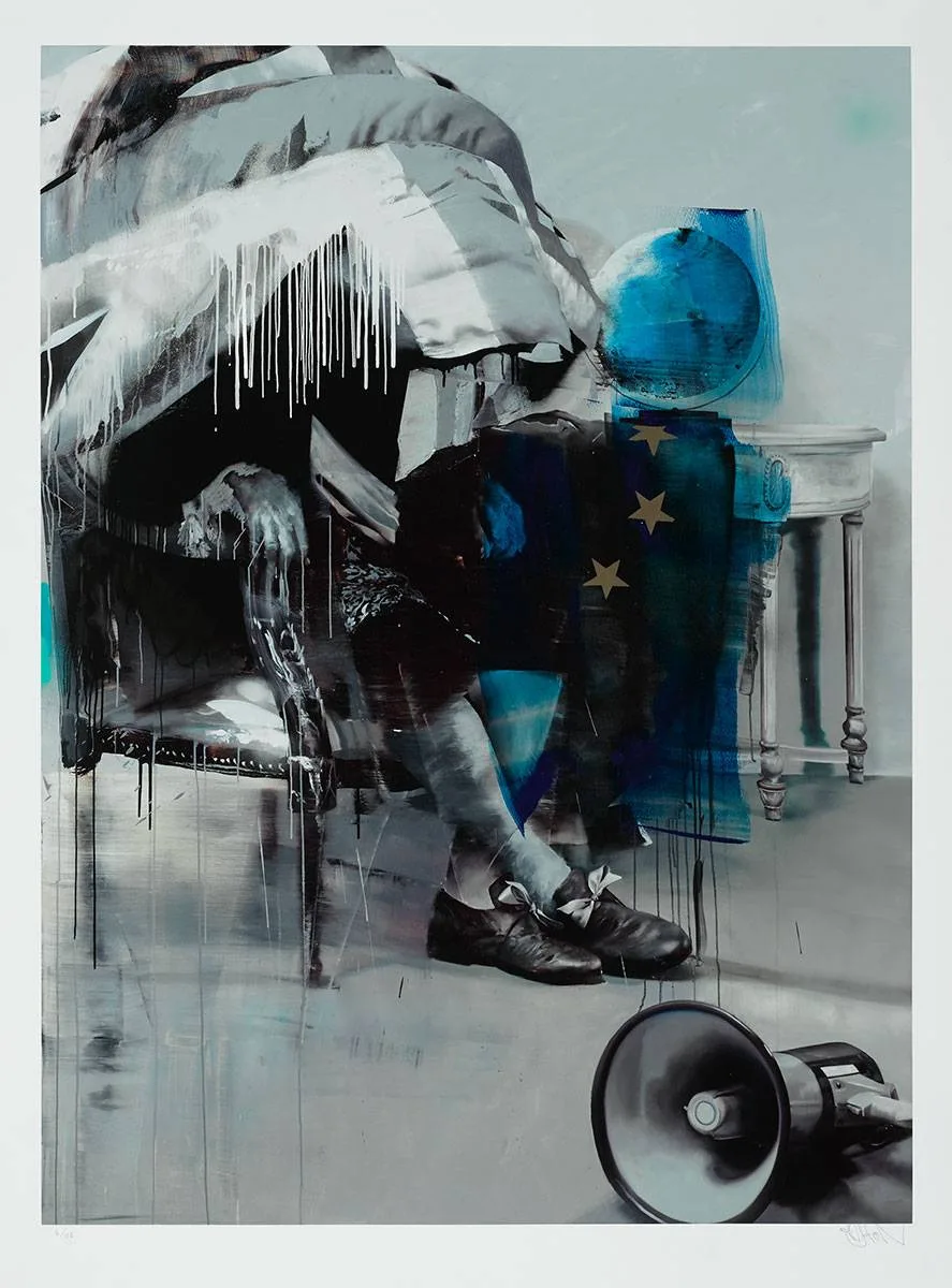 STUDY FOR THE BLIND EXIT [HAND-FINISHED EDITION] by Conor Harrington, 2020, archival pigment print with silkscreen gloss varnish, oil paint and 22 carat moon gold leaf; (no. 6 from an edition of 2, sold Mar 2022