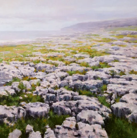 LOOKING TOWARD BLACK HEAD, BURREN, COUNTY CLARE by Trevor Geoghegan, 1997, acrylic on canvas, sold Mar 2022