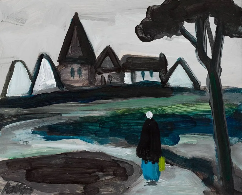 FIGURE BEFORE A VILLAGE by Markey Robinson, gouache, sold Mar 2022