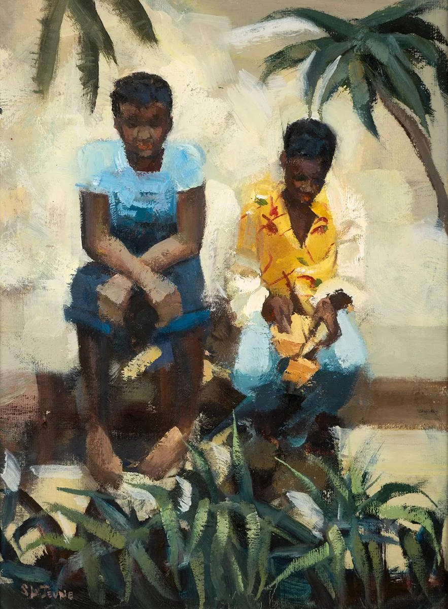 CUTTING THE MANGO by Sarah le Jeune, oil on board, sold Dec 2021