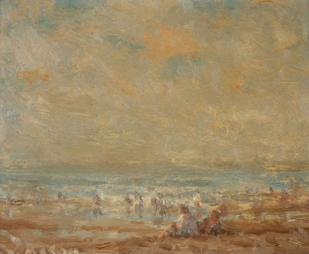 BEACH SCENE by William Mason, oil on board, offered Dec 2021