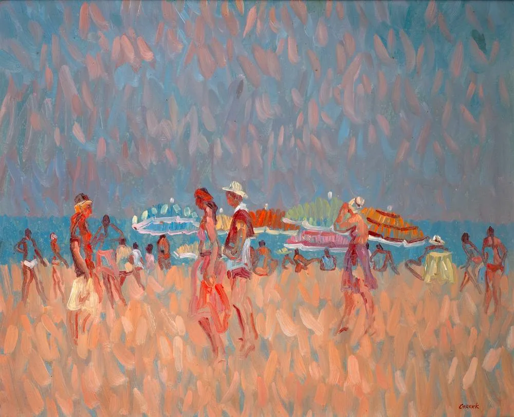 BEACH SCENE by Desmond Carrick, oil on board, sold Dec 2021