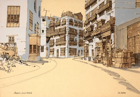 Eric Patton, OLD JEDDAH, SAUDI ARABIA, gouache and ink on tinted paper
