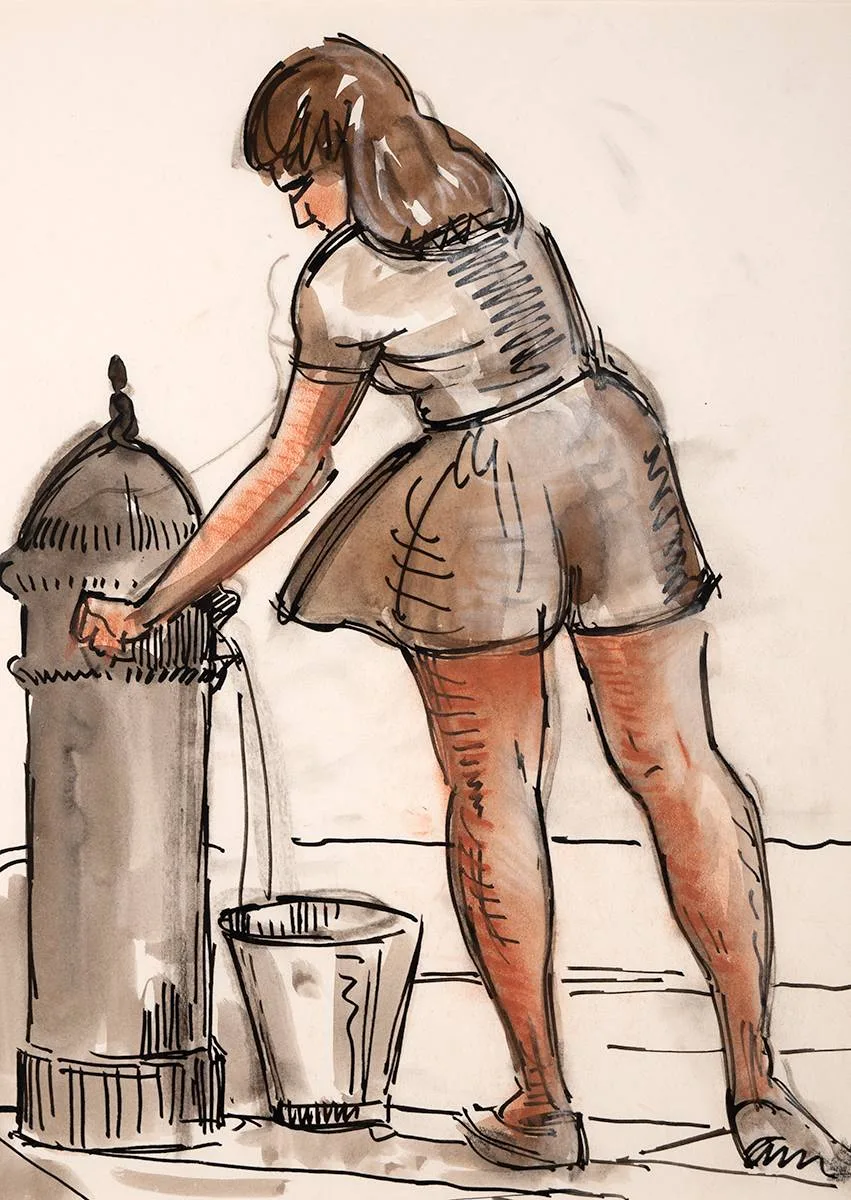 AT THE PUMP by Patrick Leonard, ink, wash and pastel, sold Dec 2021