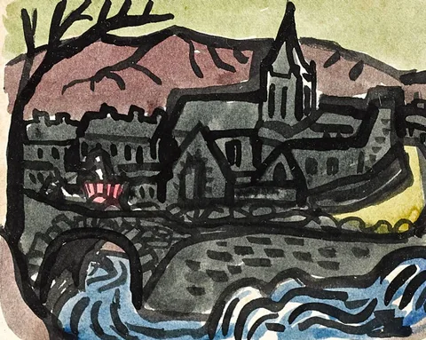 CHRISTMAS CARD FROM THE ARTIST TO HIS SISTER by Gerard Dillon, watercolour, sold Dec 2021