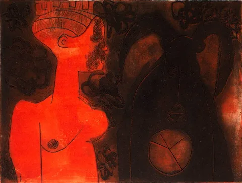 Alice Hanratty, WOMAN AND COW, 1970, etching; (artist's proof)
