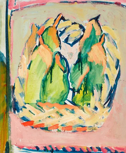 STILL LIFE by Elizabeth Cope, oil and mixed media on panel, sold Dec 2021