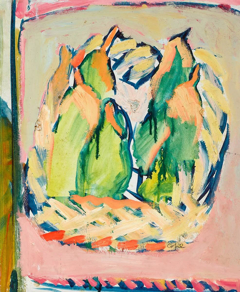 STILL LIFE by Elizabeth Cope, oil and mixed media on panel, sold Dec 2021