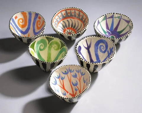 John Ffrench, SET OF SIX BOWLS, 2008, hand-painted ceramic bowls