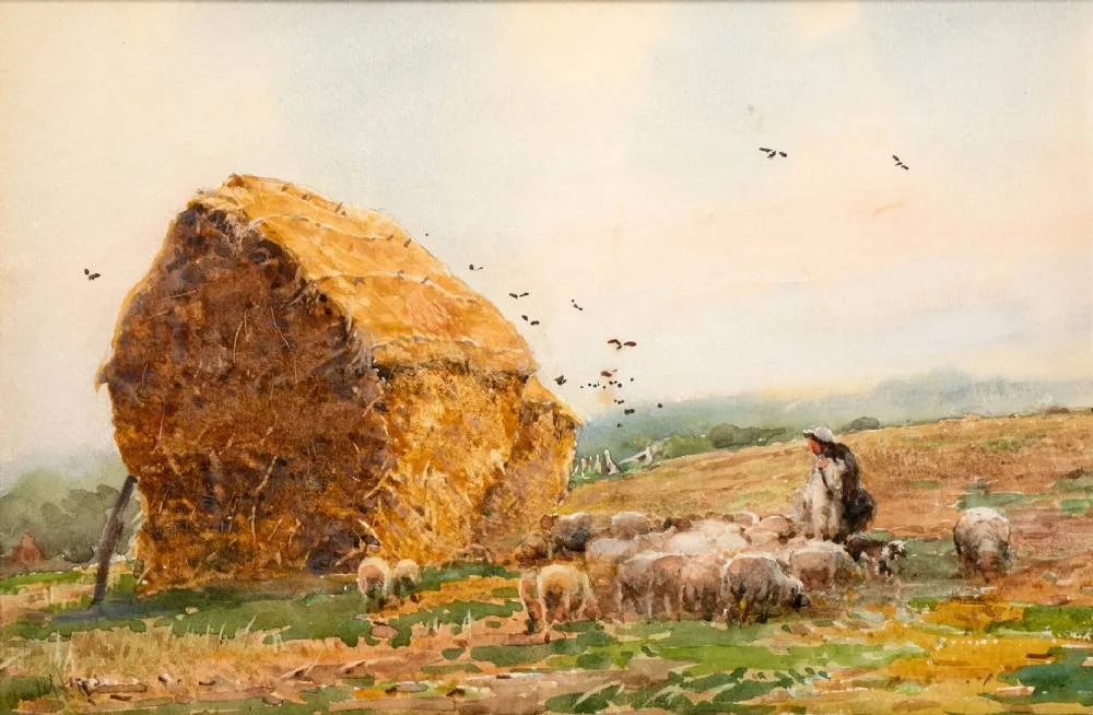 SHEEP AND HAYSTACK by Claude Hayes, watercolour, offered Dec 2021
