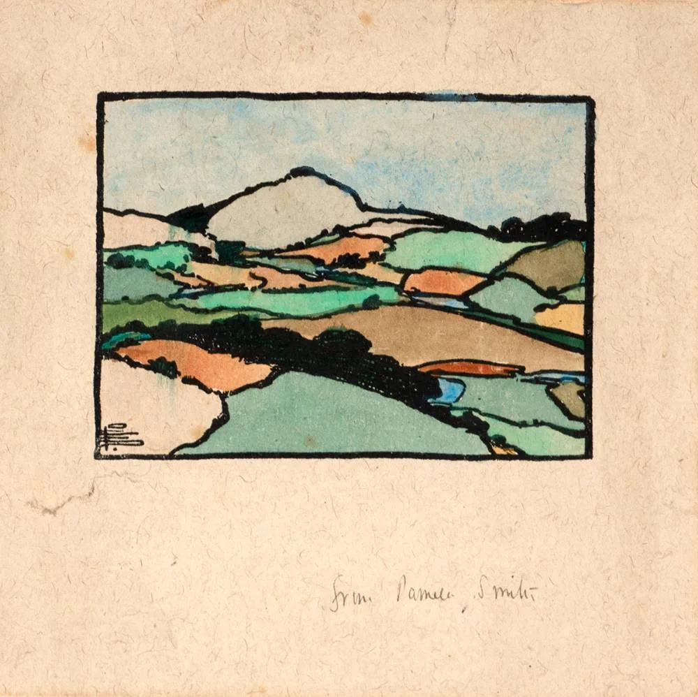 Pamela Colman Smith, LANDSCAPE and FEMALE DANCERS (A PAIR), hand-coloured prints; (2)