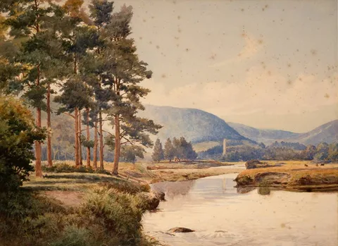 Archibald McGoogan, VIEW OF GLENDALOUGH FROM DERRYLANE SIDE OF RIVER, COUNTY WICKLOW, 1927, watercolour