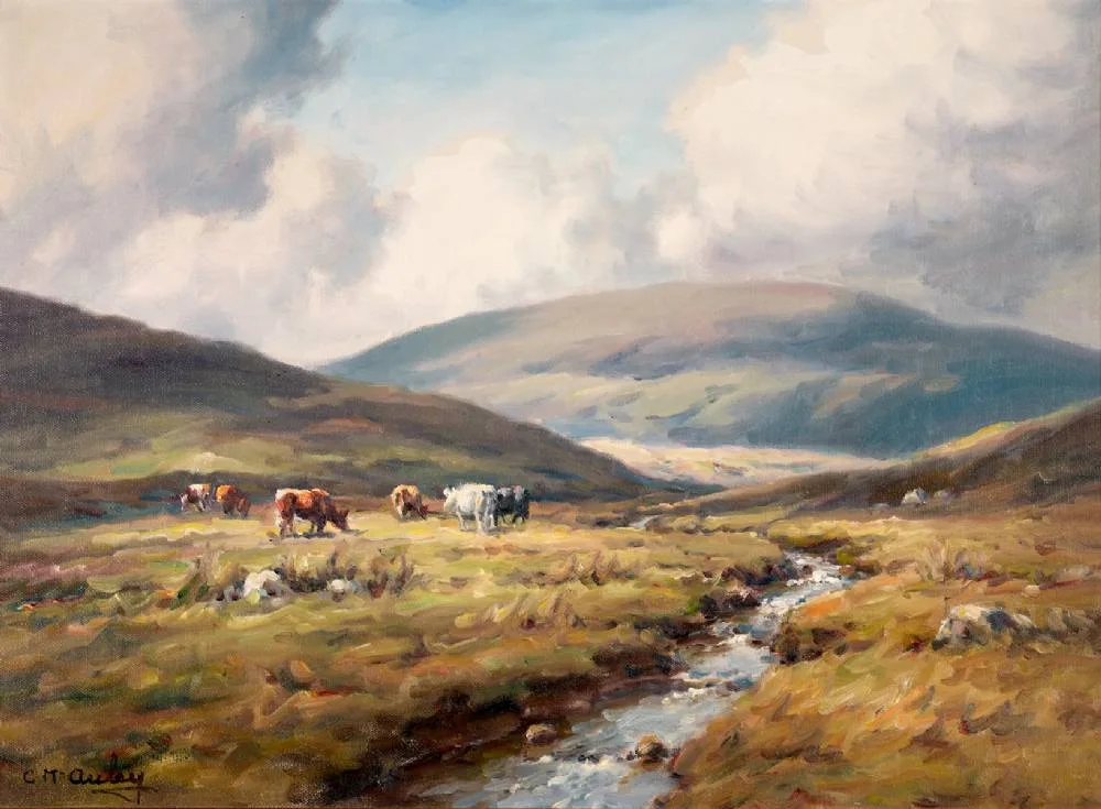 CATTLE IN A LANDSCAPE by Charles McAuley, oil on board, sold Dec 2021