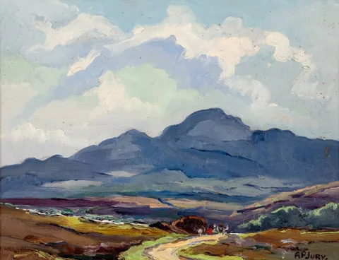 LOUGH SALT MOUNTAINS FROM LACKAGH BRIDGE, COUNTY DONEGAL by Anne Primrose Jury, oil on board, sold Dec 2021