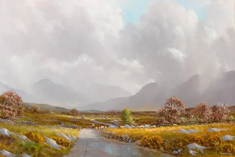 HERDING SHEEP IN RURAL LANDSCAPE by Gerry Marjoram, oil on canvas, offered Dec 2021