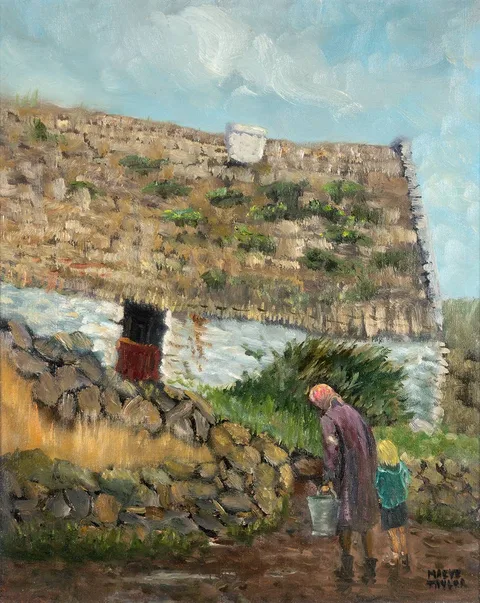 COTTAGE WITH FIGURES by Maeve Taylor, oil on canvas, offered Dec 2021
