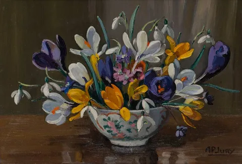 SPRING FLOWERS by Anne Primrose Jury, oil on board, sold Dec 2021