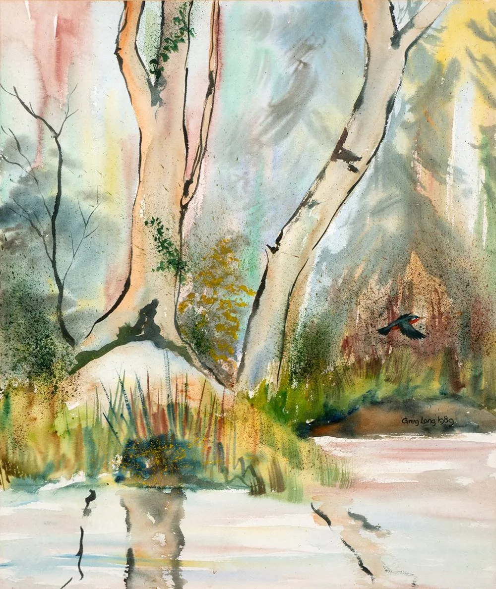 Greg Long, FOREST LANDSCAPE WITH RIVER AND KINGFISHER, 1989, watercolour