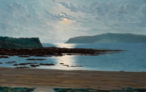 EARLY MOONRISE, SOUTH STRAND, RUSH, COUNTY DUBLIN by Ciaran Clear, 1968, oil on board, sold Nov 2021