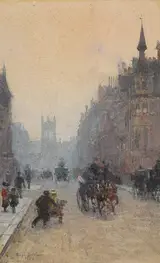 Rose Maynard Barton, CARRIAGES ON A STREET AT EVENING