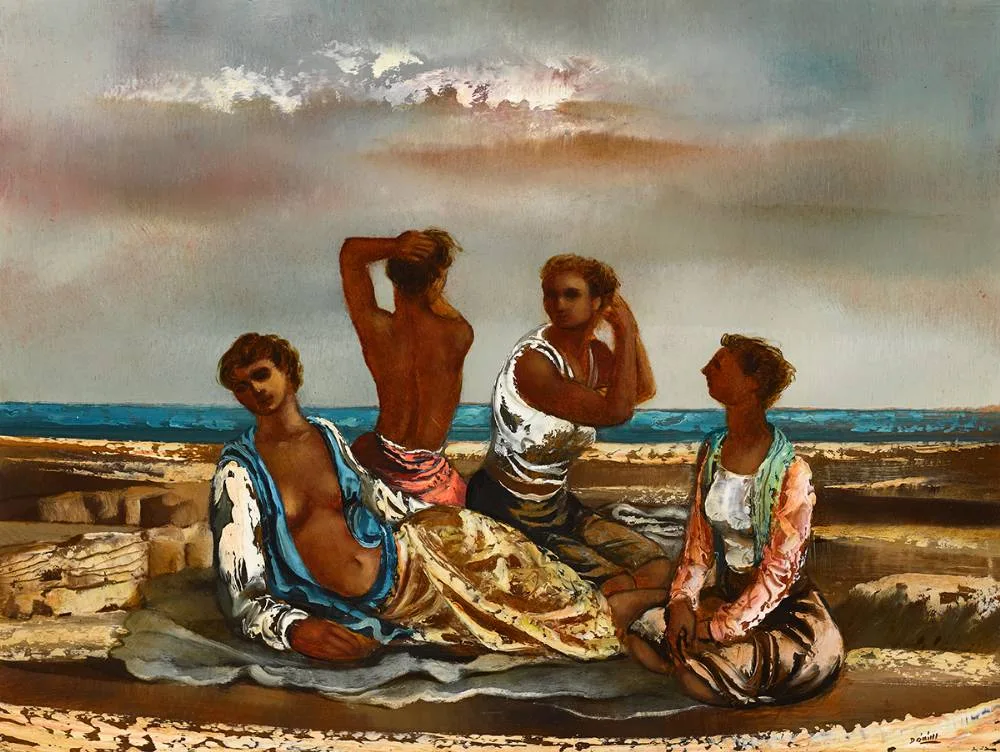 BATHERS by Daniel O'Neill, oil on board, offered Nov 2021