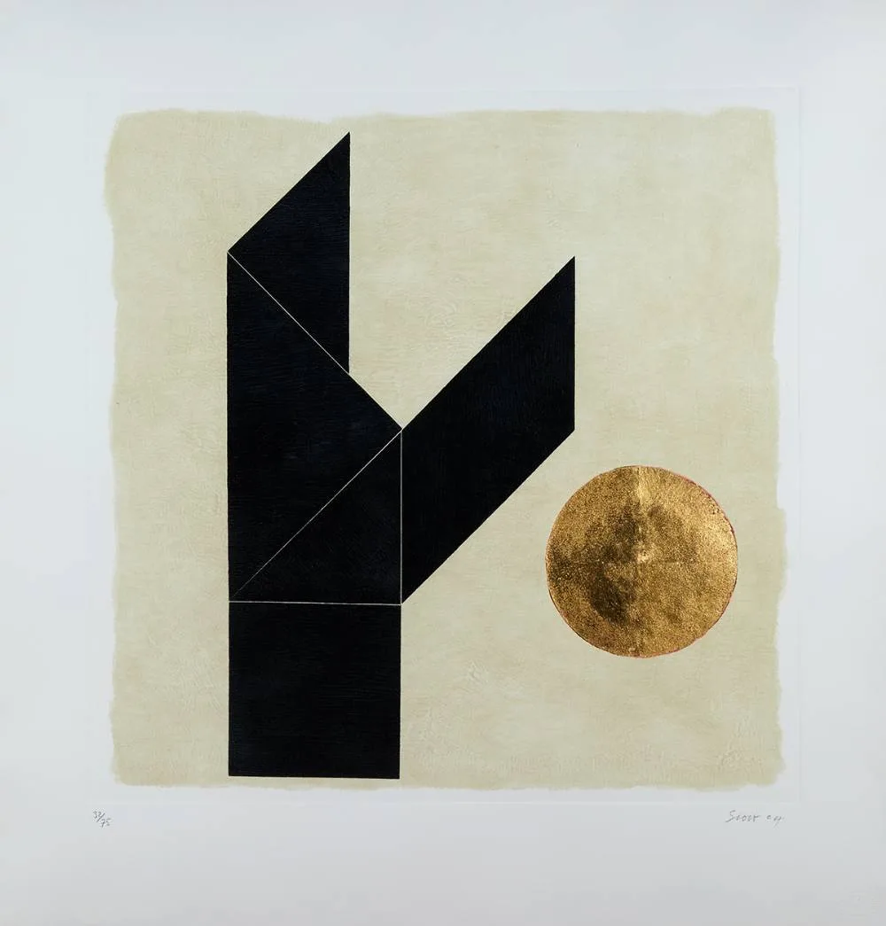 TANGRAM II by Patrick Scott, 2004, carborundum and gold leaf; (no. 68 from edition of 75), sold Nov 2021