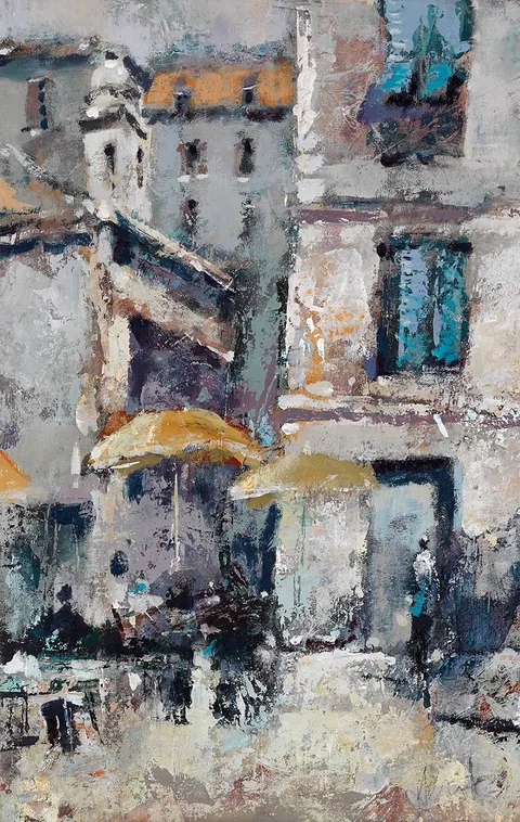 Andrew Hood, CAFÉ AT MARCHÉ DES FLEURS, oil on board