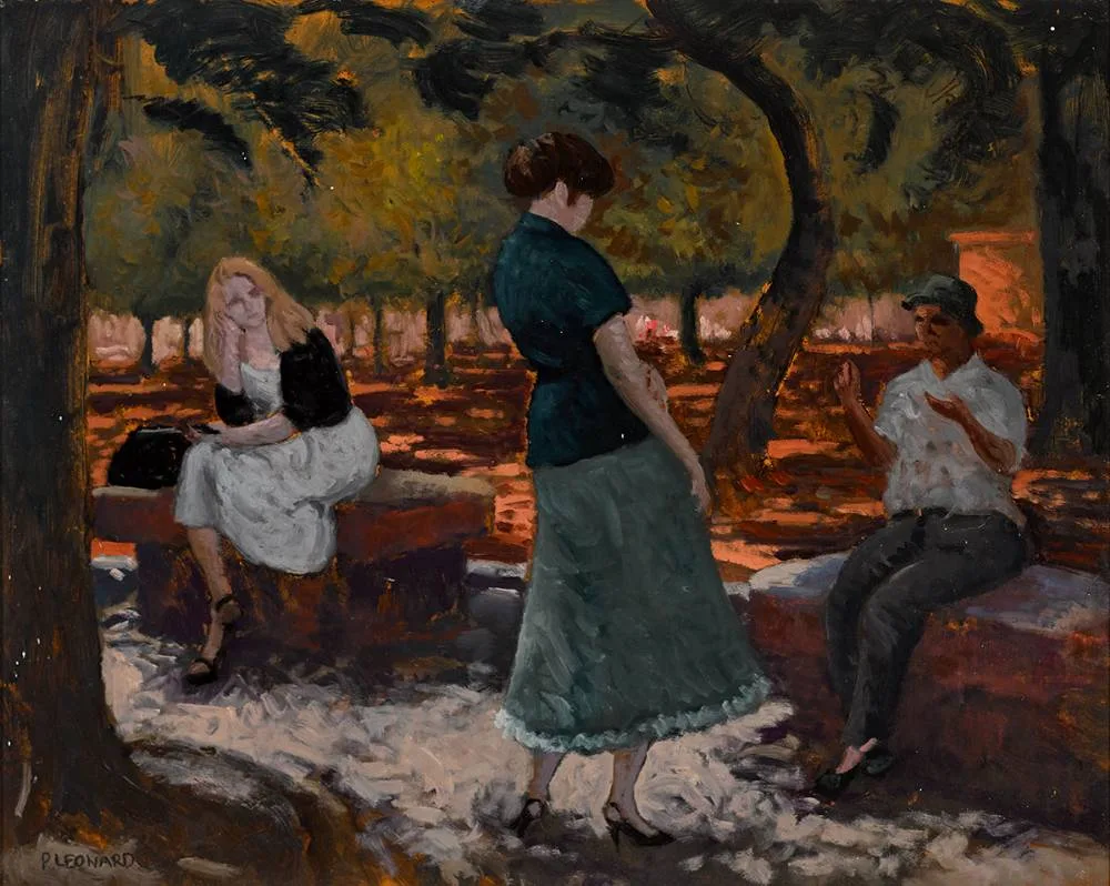 THE CONVERSATION by Patrick Leonard, 1987, oil on board, sold Nov 2021