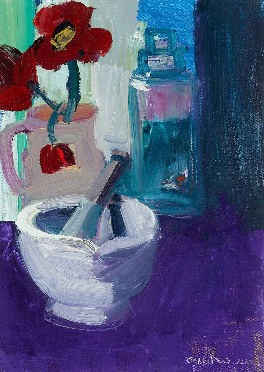 MORTAR AND PESTLE by Brian Ballard, 2004, oil on canvas, sold Nov 2021