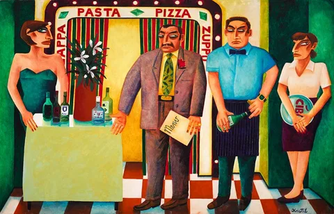 Graham Knuttel, PASTA PIZZA, oil on canvas; (unframed)