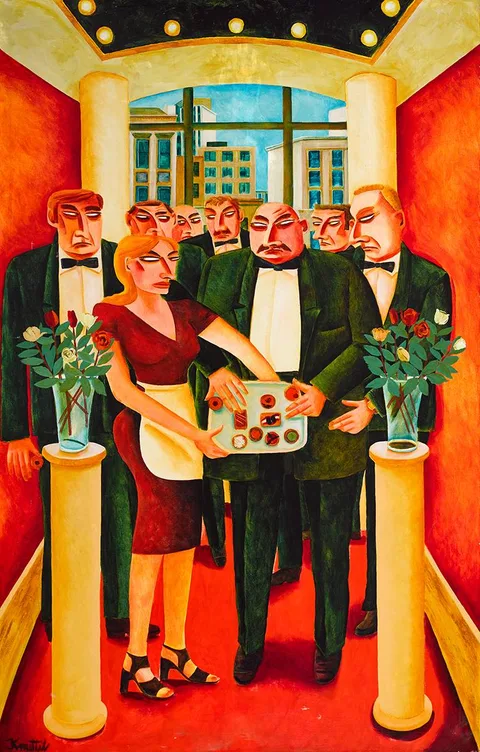 Graham Knuttel, SERVING CANAPÉS, oil on canvas; (unframed)