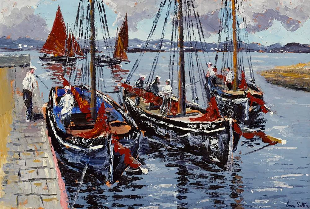 GALWAY HOOKERS, CARRAROE, COUNTY GALWAY by Ivan Sutton, oil on board, sold Oct 2021