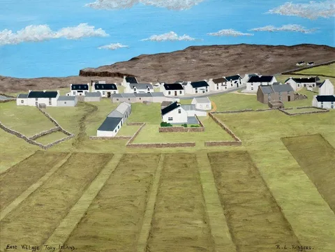 EAST VILLAGE, TORY ISLAND, COUNTY DONEGAL by Ruairi Rodgers, oil on board, sold Oct 2021