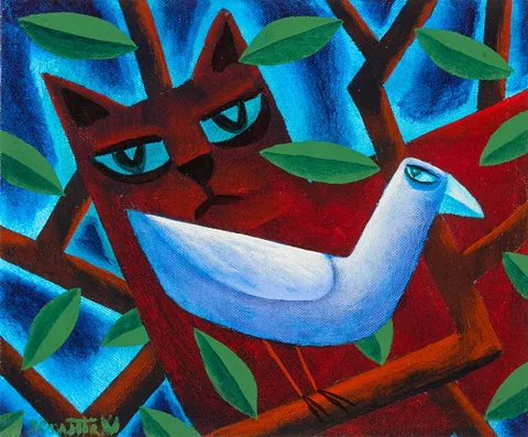 Graham Knuttel, CAT AND BIRD, oil on canvas