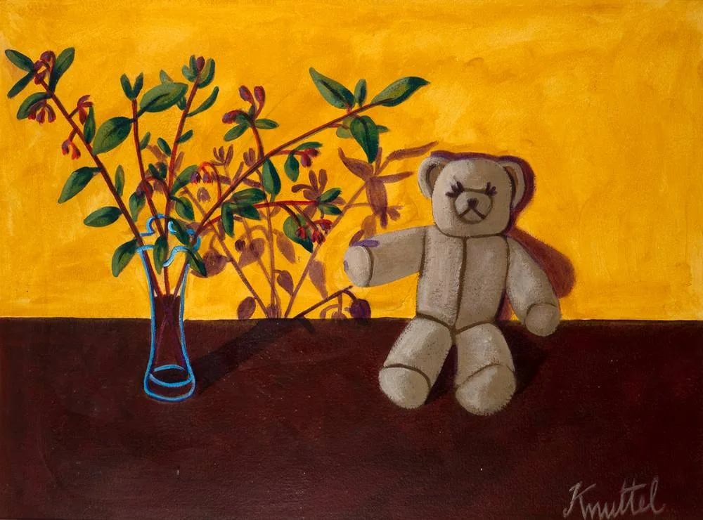 Graham Knuttel, STILL LIFE WITH TEDDY BEAR AND FLOWERS, gouache