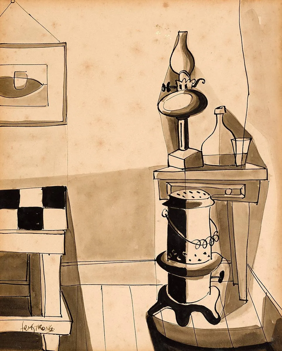 INTERIOR SCENE by Arthur Armstrong, ink, offered Oct 2021